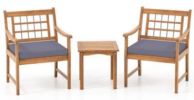 Costway 3 Piece Wood Patio Furniture Set with Seat Cushions and Acacia Wood Frame-Gray