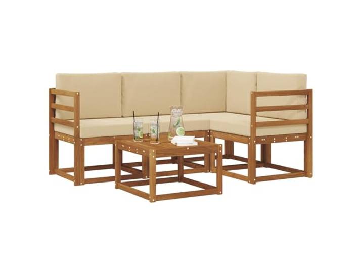 KTHLBRH Sofa-Set für den Außenbereich, 5-teilig, Akazie, Natur, Beige Modular, Lattenrost-Design, 4-Sitzer, inklusive Kissen, für Garten und Terrasse