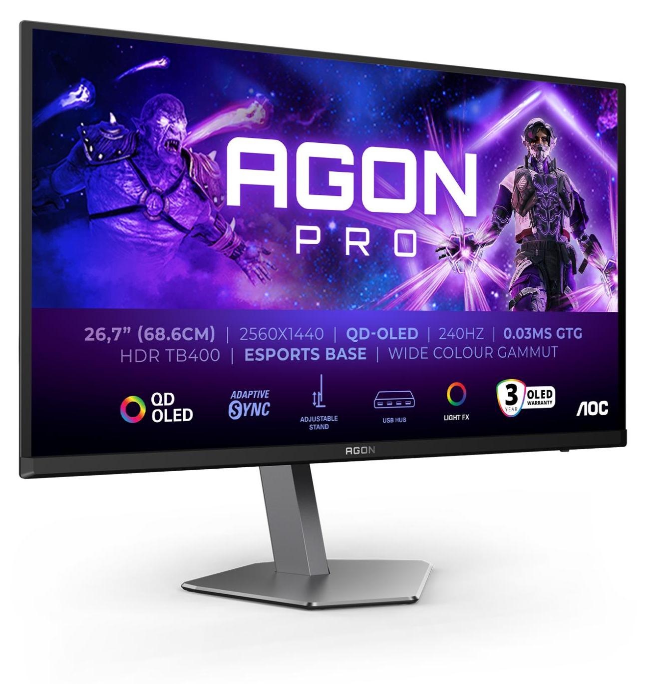 AOC AGON PRO AG276QZD2, 67,3 cm (26.5"), 2560 x 1440 Pixel, Quad HD, QD-OLED, 0,03 ms, Schwarz, Grau