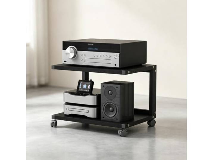 YHTCSXMD HiFi Rack mit Rollen, Offenes Audio Rack für Audiogeräte Dicke Holzablagen, Stahlrahmen und Rollen mit Fußbremse, für Wohnzimmer und Büro