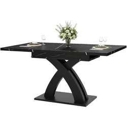 STILVORA Ausziehbarer Esstisch 160x80x76  Schwarz mit schwarz weißer Musterplatte X Querstreben Metallauszug MDF Tischplatte für Küche Wohnzimmer Balkon