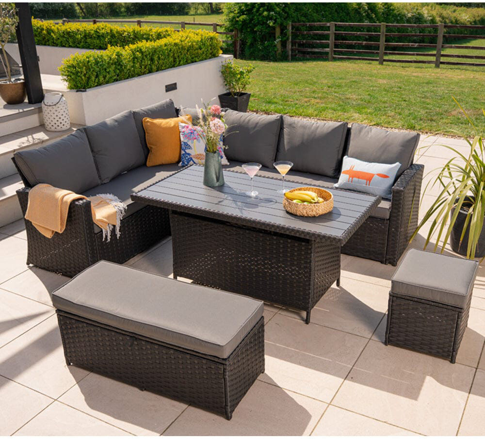 ClassicLiving Rosen 9 Seater Aluminium Dining Table Top With Storage Bench And Stool Black