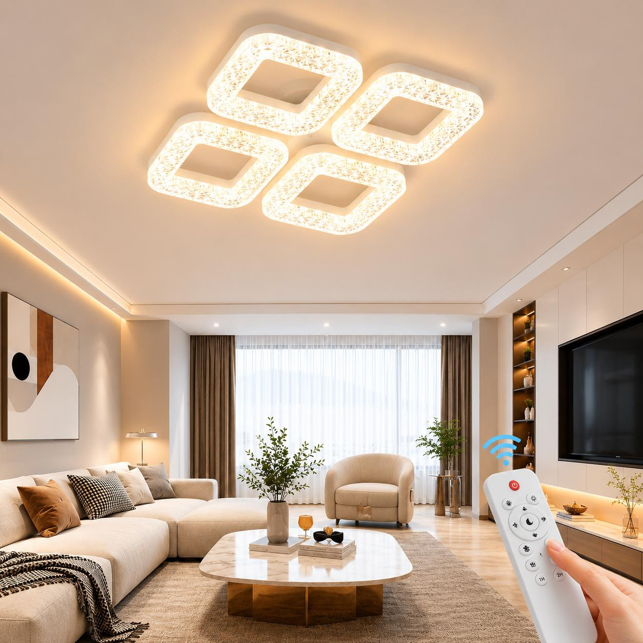 Eurotondisplay Plafondventilator met LED-verlichting, wit, vierkant, plafondmontage