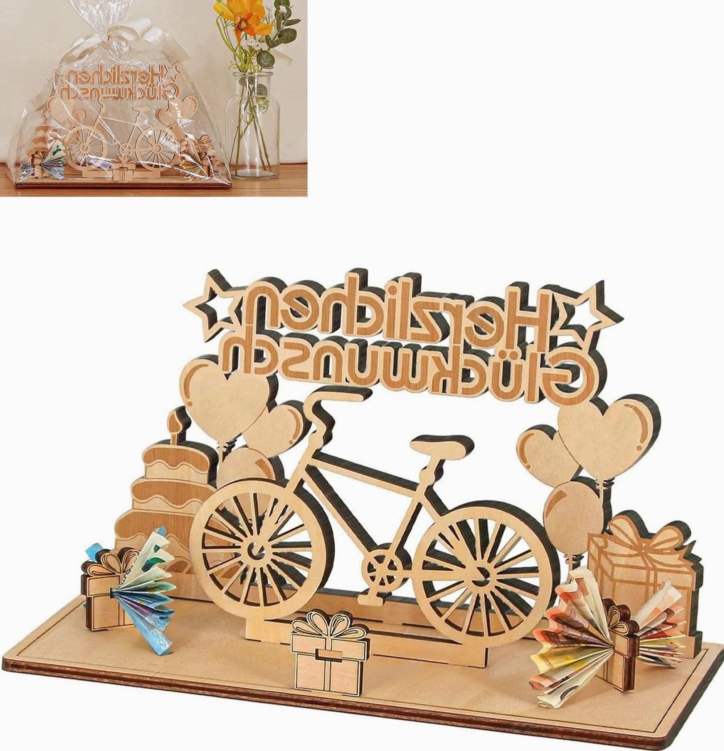 Houten Geldcadeau Fiets Decoratie - Creatief Verjaardagscadeau voor op tafel