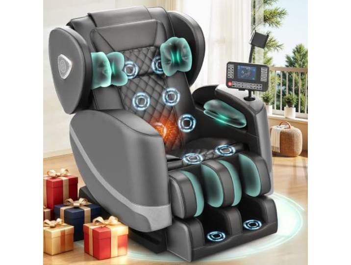F FURNIMAT Massagesessel, Ganzkörper-Massagestuhl mit 14 Rollen, 8 Komfort-Luftkissen & Zero Gravity– Bluetooth Lautsprecher, Touchscreen, Handyhülter, Wärme für Lenden und Beine