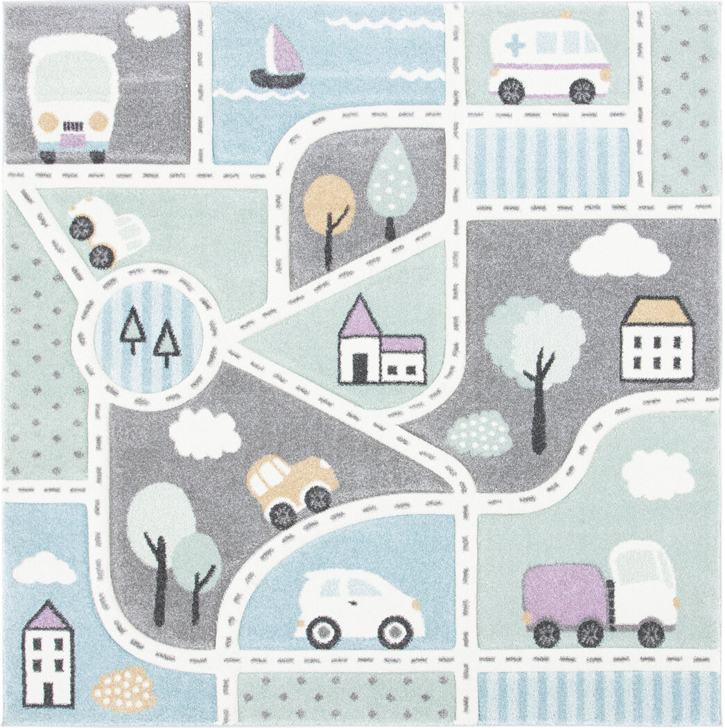 Zoomie Kids Carousel Kids Town Area Rug In Grey / Light Blue Gray;Light Blue Square 160 cm