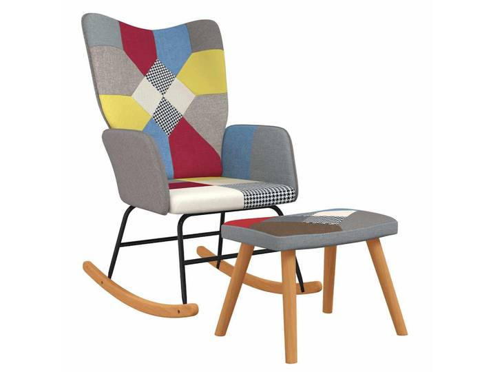 vidaXL Schaukelstuhl Mit Hocker Patchwork Stoff, Mehrfarbig, Kautschukholz, Rechteckig, 78x98x61 cm, Wohnzimmer, Sessel, Schaukelstühle