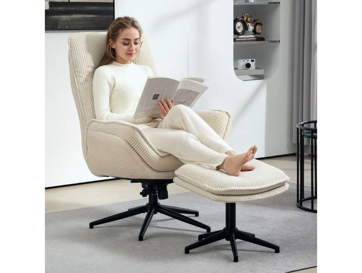 Fauteuil Relax avec Pouf Pivotant 360° Dossier Inclinable 130° - YEAVIO - Dossier Haut Polyester Beige