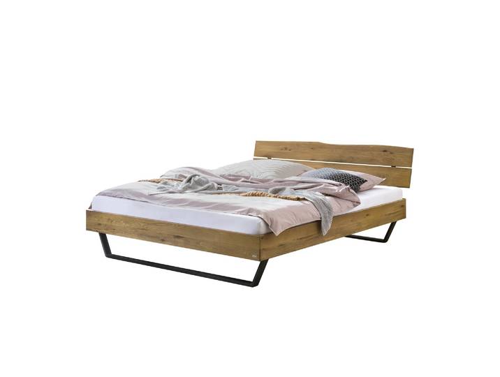 Bettgestell, Massivholz Wildeiche, Braun, 146×205 cm, Kopfteil Mit Baumkante, Hasena