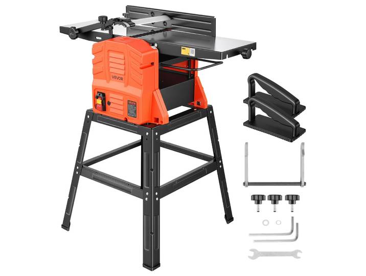 Raboteuse-dégauchisseuse VEVOR\, largeur de rabotage 254 mm\, 2\,4 CV\, 8 000 tr/min\, avec support\, arbre porte-lames à 2 lames\, table en fonte d'aluminium\, 0–3 mm