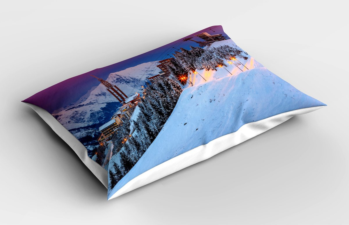 ABAKUHAUS Winter Kussensloop met Winterlandschap en Ski Resort Design, Multicolor, 90 x 50 cm