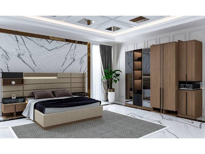 JVmoebel Schlafzimmer-Set Elegantes Schlafzimmer-Set mit Glastürenschrank und Beleuchtung, (4-tlg)