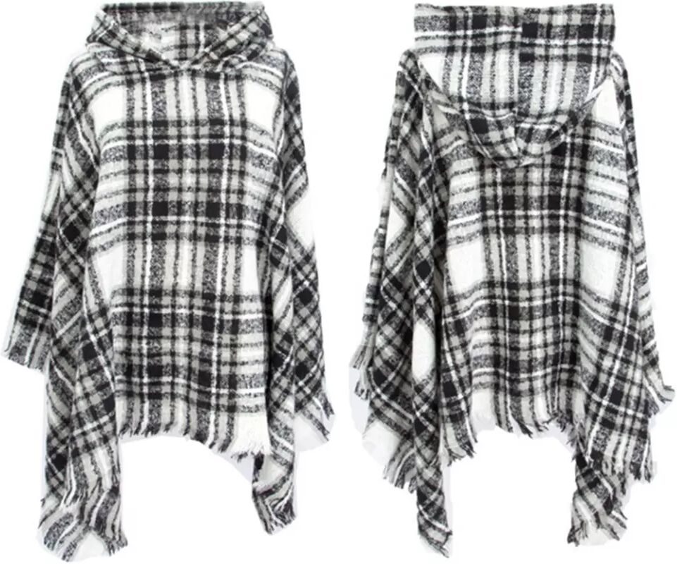 INF Stilvoller karierter Kapuzen-Umhang - Vielseitiger & warmer Polyester-Poncho Schwarz-Weiss