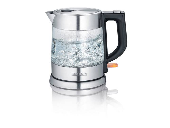 Severin Wasserkocher Severin WK 3468, Schwarz, Edelstahlfarben, Metall, Kunststoff, Glas, 1 l, 14x19x20 cm, automatische Abschaltung, Überhitzungsschutz, 360°-Sockel, abgedecktes Heizelement, weit aufklappbarer Deckel, herausnehmbarer Filter, Kochgeschirr, Küchengeräte, Wasserkocher