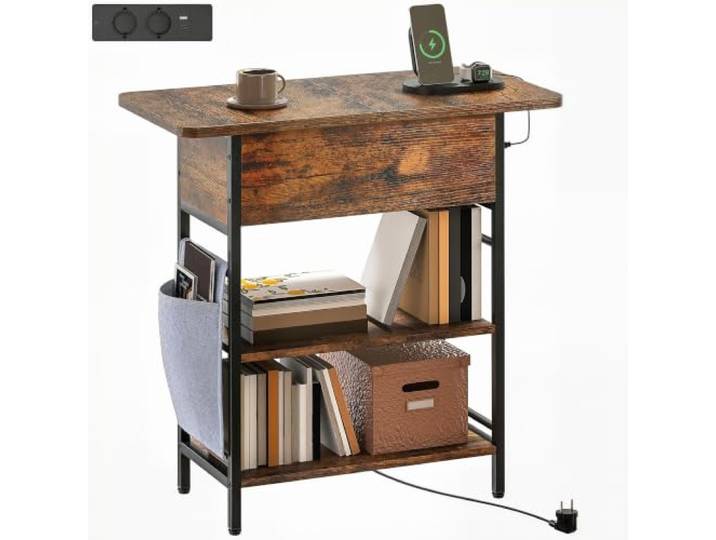 HOMCOM Beistelltisch mit Steckdosenleiste 60x29,8x58,5 cm Rustikal Braun