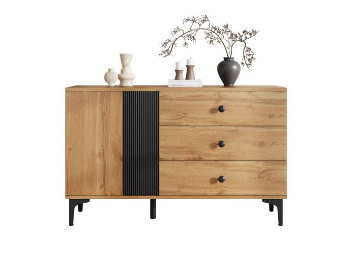 Buffet design 120x35x76 cm bois noir avec 1 porte et 3 tiroirs pieds métal