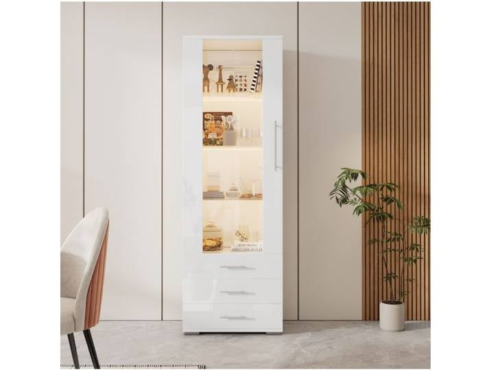 Vitrine sur pied AESVAR blanche brillante avec LED 1 porte acrylique 3 tiroirs 60 x 35 x 180 cm
