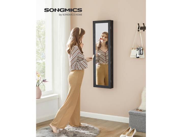 SONGMICS Armoire à Bijoux, Meuble de Rangement Mural pour Colliers, Boucles d Oreilles, Placard à Accessoires, avec Miroir, Divers Compartiments, Verrouillable