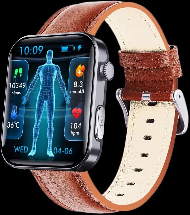 INF Smartwatch – misst Herzfrequenz, Blutdruck, Blutsauerstoff und Schritte Schwarzes und braunes Lederarmband