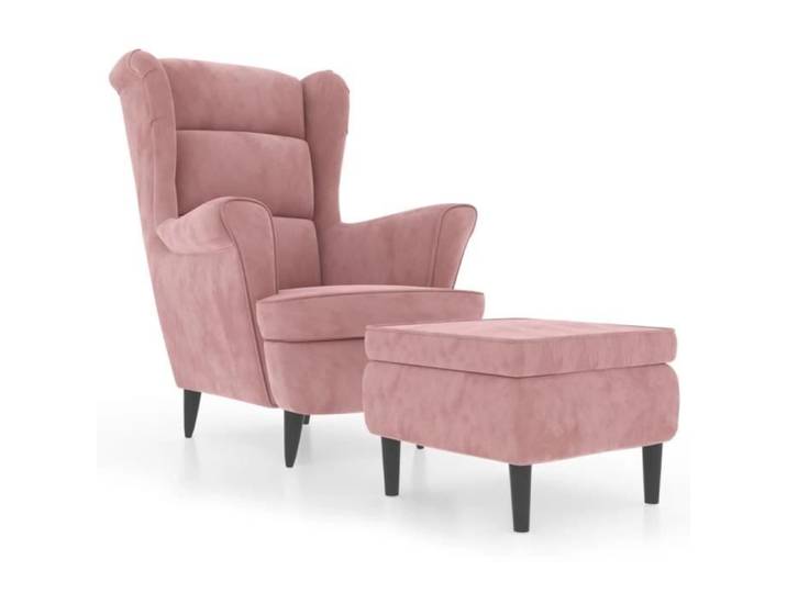 Fauteuil à oreilles - AKOZON - Rose Velours - Avec Tabouret - 1 Place - Design Contemporain