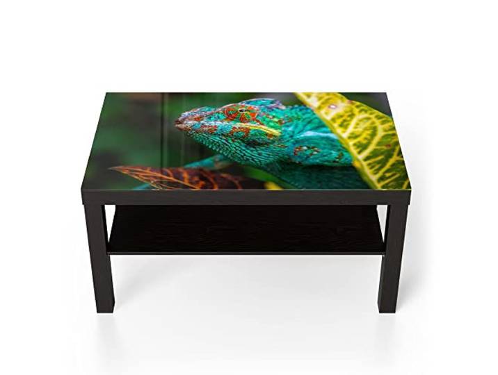 DEQORI Glastisch schwarz groß 90x50 cm Motiv Chamäleon hinter Blatt ausgefallener Beistelltisch aus Glas Hochglanz Couchtisch fürs Wohnzimmer moderner Couch Tisch mit Design