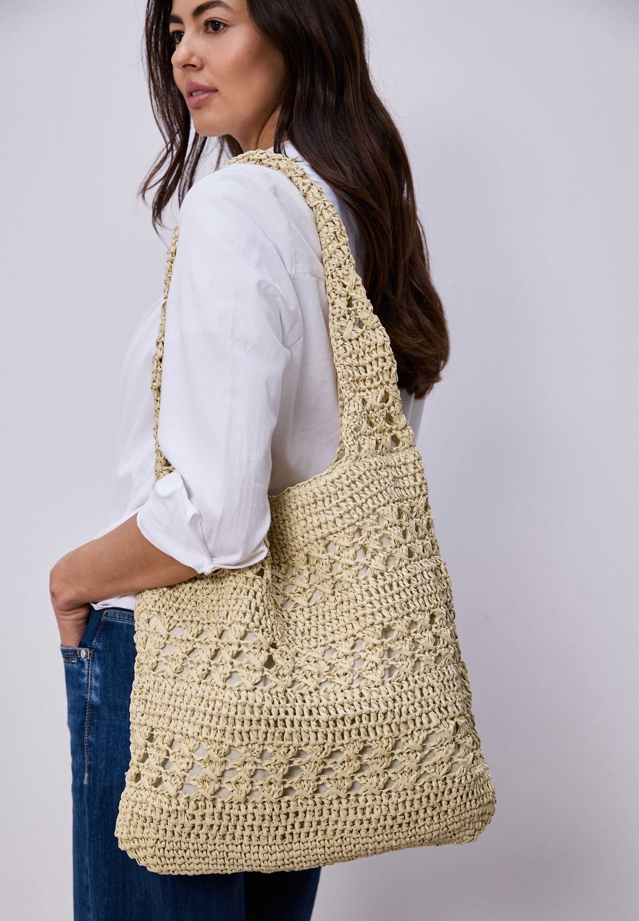 Shopper STREET ONE, Damen, beige (moonstone sand), Stoff, Papierstroh, Taschen Shopper, leicht transparent