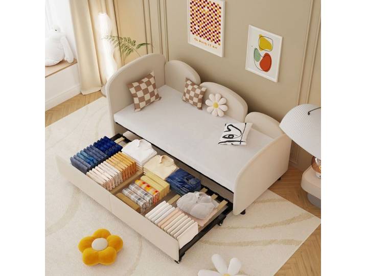 Lit banquette enfant VUENOR - 90x200 cm beige – rangement à tiroirs sans matelas