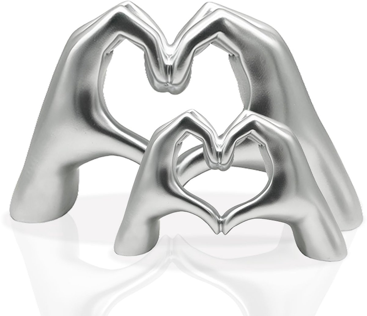 Unyqoos Set van twee zilverkleurige hartvormige handsculpturen voor huisdecoratie