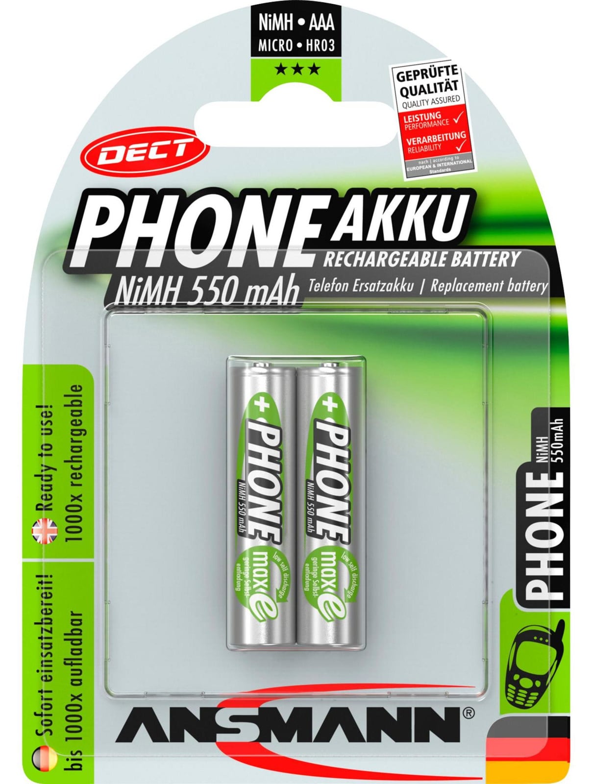 Ansmann DECT NiMH oplaadbare batterijen, 2 x AAA, 550 mAh