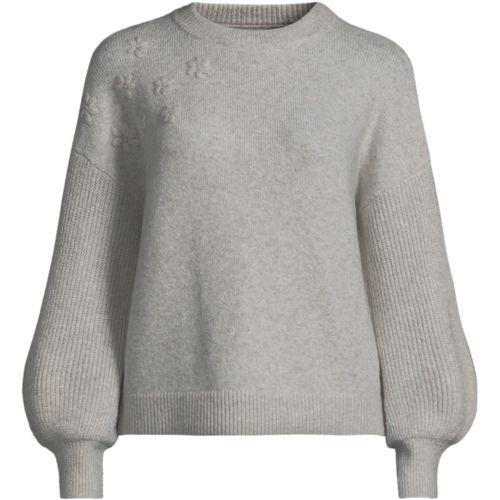 Rundhalspullover mit aufgestickten Blumen für Damen in Petite-Größe, Damen, size: petite, Elfenbein, Wolle/Polyester/Viskose, by Lands' End