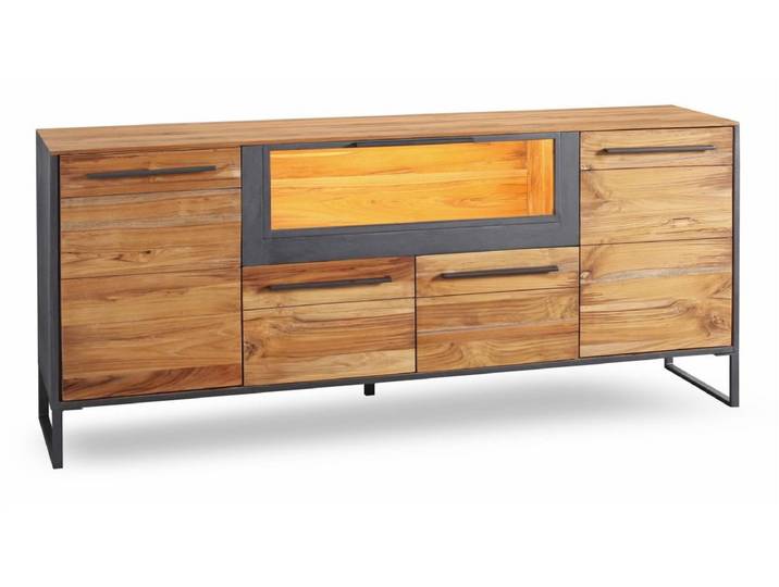 WOLF MÖBEL Sideboard (175x40x75), BANDUNG Kommode mit 1 Glas- u. 4 Holztüren / Licht