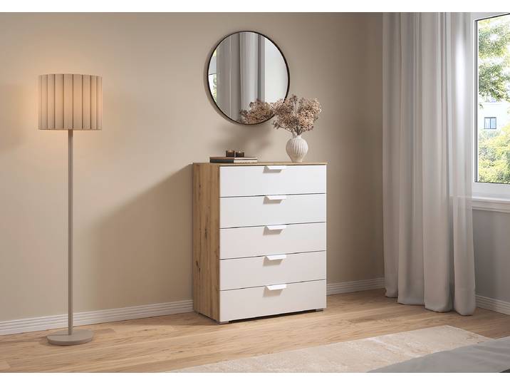 Kommode Aditio mit 5 Schubladen 80cm Holz/Weiß/Alpinweiß/Eiche Artisan Dekor Weiß
