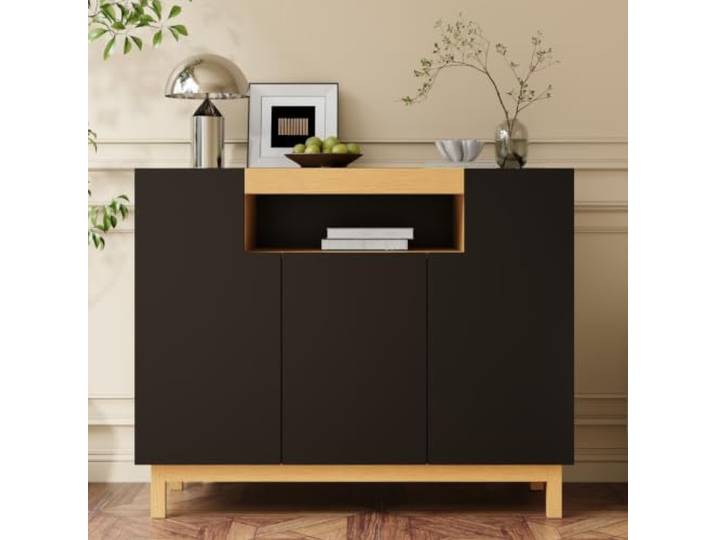 Sideboard modern minimalistisch,Mehrzweckschrank für Wohn‑Esszimmer Frischer natürlicher Look durch Schwarz‑Holz‑Farbkombination,Kombination aus 3 Schranktüren und zentralem offenen Fach