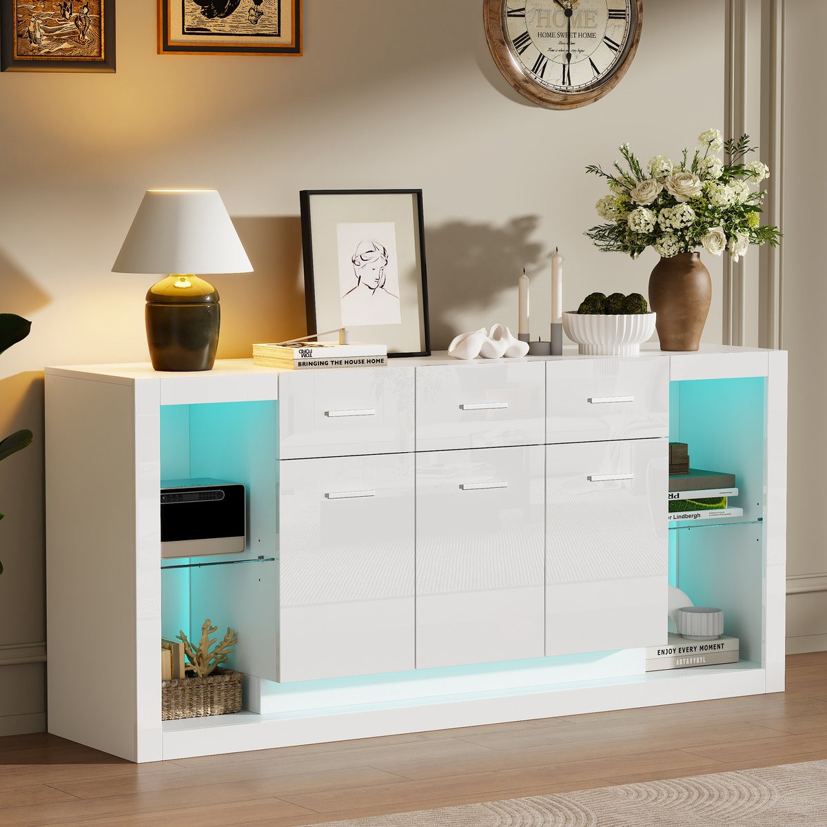 Sweiko Dressoir Halmeubel met LED-verlichting, 3 lades en glazen planken, Wit