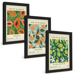 BILDER SET 3er Set - 20x30 cm Schwarzer Rahmen - Vintage-Poster mit Früchten