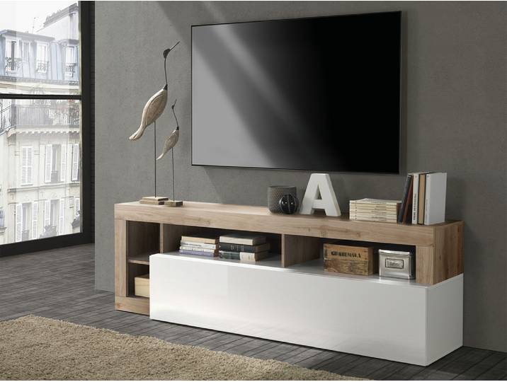 Meuble tv Fribourg laqué blanc/chene - Basika