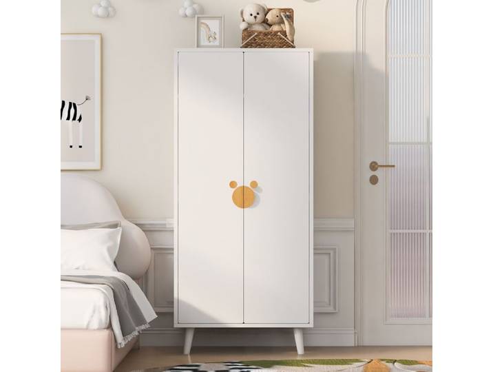 Armoire de chambre blanche 2 portes 70 × 55 × 170 cm avec compartiments de rangement poignées à motifs de dessins animés