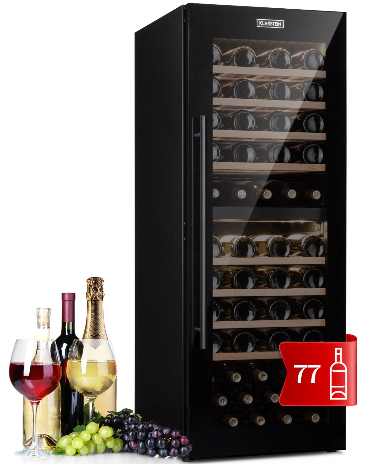 Klarstein Weinkühlschrank, Getränkekühlschrank Schmal, 2 Zonen Kühlschrank mit Glastür, Getränkekühlschränke Freistehend, Weinkühlschrank Klein, Weinkühlschränke mit UV-Schutz, 5-20°C, 77 Flaschen
