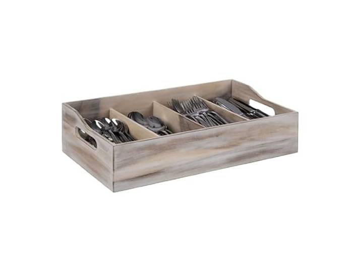 APS 11951 Bestekbak, 51 x 28 cm, hoogte 13 cm, acaciahout vintage wit, 4 vakken van elk 26 x 11,5 cm