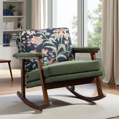 Mid Century Upholstered Rocking Accent Chair with Solid Wood Frame & Lumbar Pillow, Cozy Reading Armchair