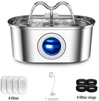 Inspire Essentials PureFlow Stainless Steel Pet Water Fountain With LED Light b