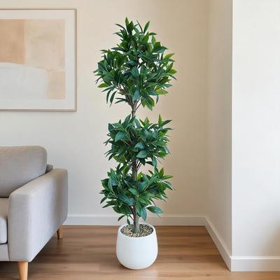 YUN 4ft Artificial Bay Laurel Topiary Tree, 3-Ball Design with White Pot, Realistic Faux Plant