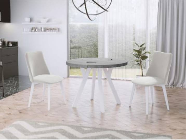 WFL GROUP Designer Runder Ausziehbarer Esstisch - Loft-Stil, Industriell, Platzsparend - Weiße Beine - 100 bis 150 cm - für 5-8 Personen - Hergestellt in Polen - Beton Grau - 150 cm