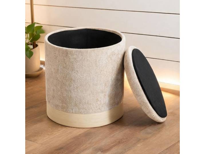 15 in and Beige Chenille (100 Polyester) Ottomans and Footstools with Tabouret pouf rond avec intérieur de rangement en