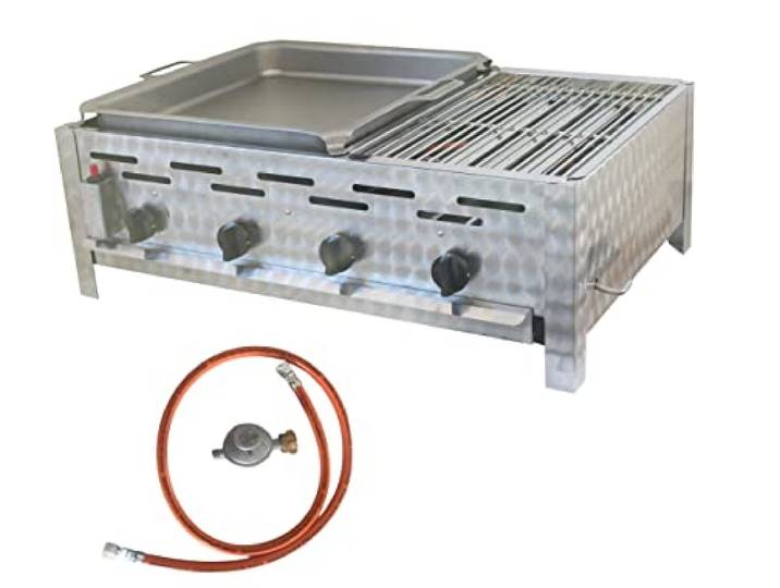 BSR-Grillen 4-flammiger Profi Gasgrill aus Edelstahl, stufenlos regelbar, Gasbräter, Gastrogrill, Gastrobräter mit Gasschlauch und Druckminderer (14,4 kW Kombigrill 1/3 Grillrost 2/3 Pfanne)
