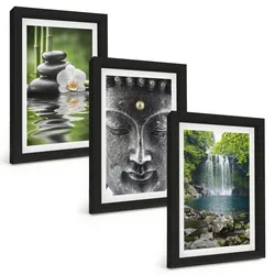 BILDER SET 3er Set - 20x30 cm Schwarzer Rahmen - Harmoniesteine Wasser Buddha