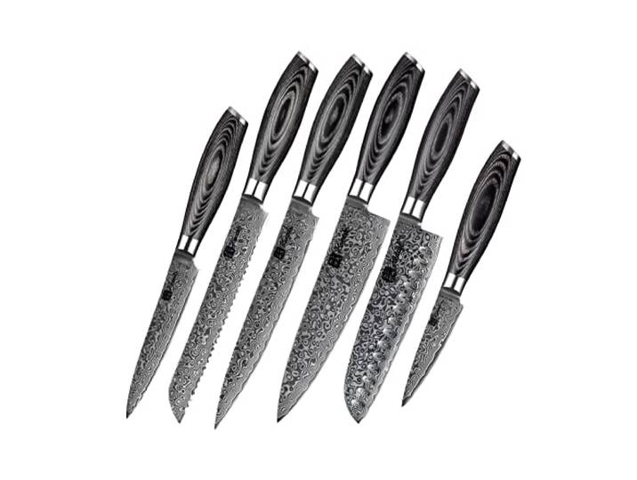 Kensaki 6er Messerset aus Damaszener Stahl Küchenmesser Japanischer Art hergestellt aus 67 Lagen Damaststahl – Kuro Serie, KEN-116