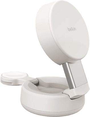 Cargador móvil inalámbrico - Belkin WIZ043, Compatible con Qi2 o MagSafe, 25W, En vertical apaisado, 2 en 1, Blanco