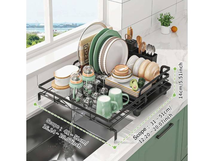 Grand égouttoir à vaisselle – Égouttoir à vaisselle extensible double face, égouttoir d'évier avec 360 ° Bec rotatif, noir/blanc
