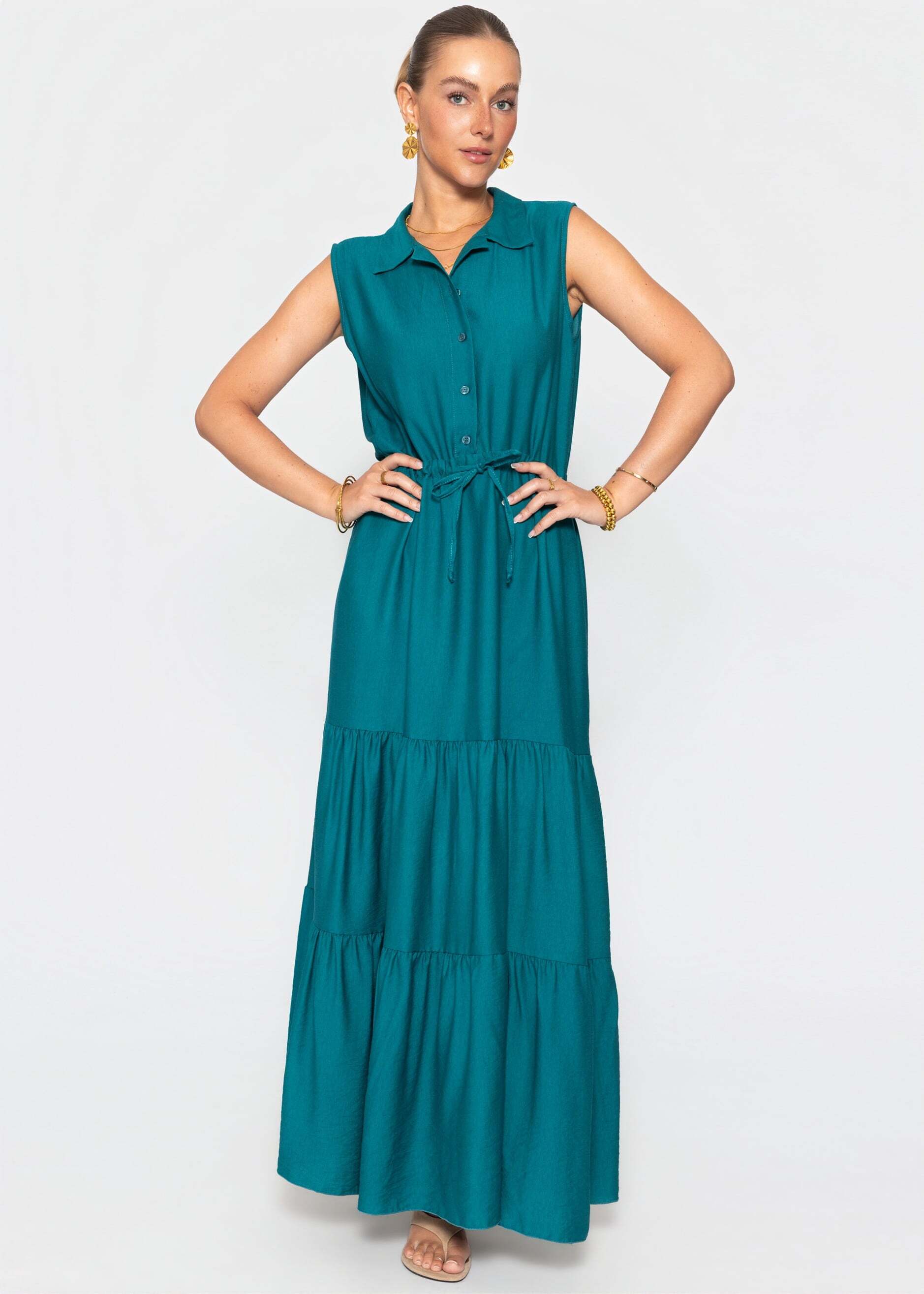 Maxikleid SASSYCLASSY "Ärmelloses, langes Kleid mit Tunnelzug Taille", Damen, Gr. S, EURO, Weitere Stoffart, blau (petrol), Weitere Stoffart, , figurumspielend Maxi, Kleider Maxikleid, Fließendes Maxikleid mit Volants und klassischem Hemdkragen Petrol